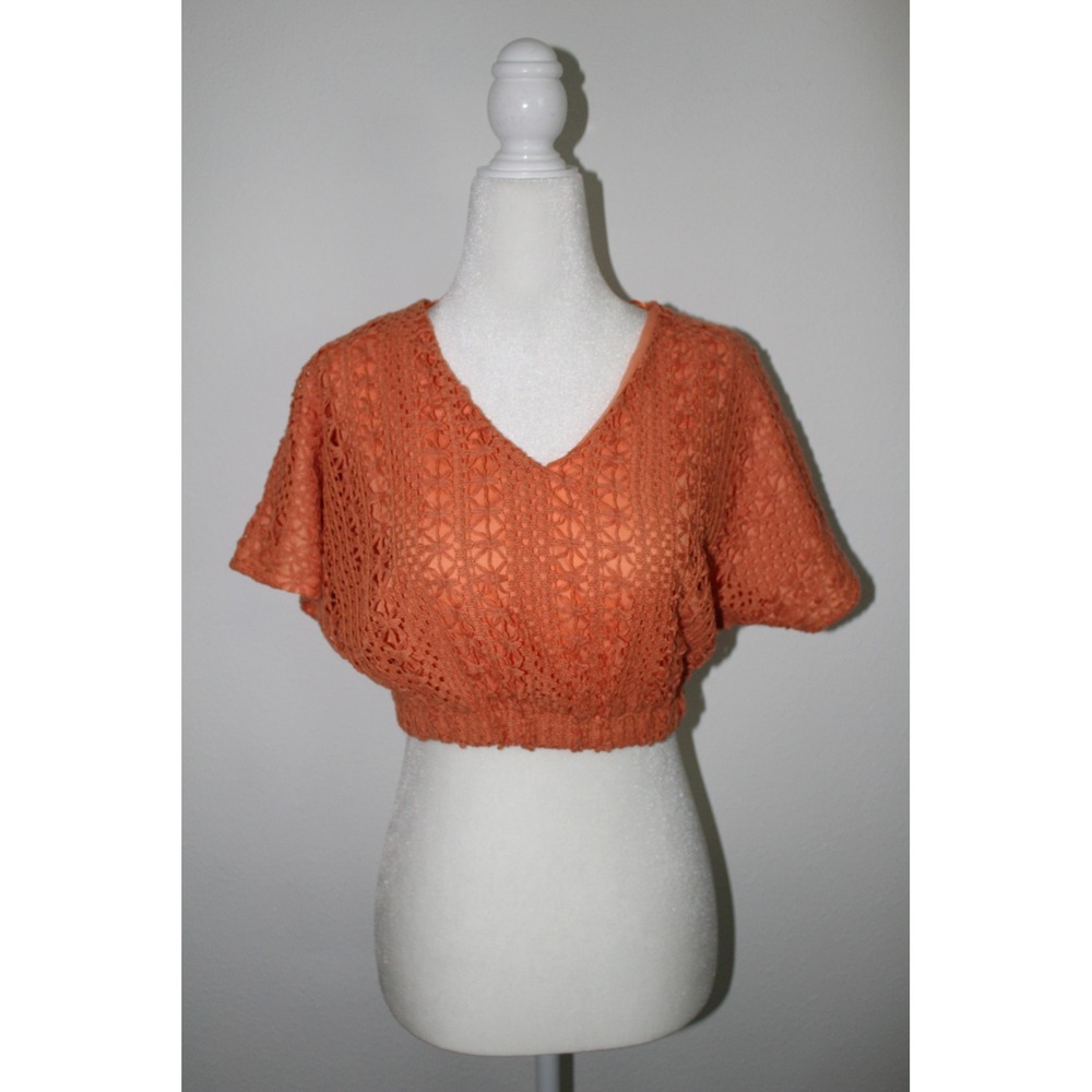 Hyfve Womens Orange Floral Crochet Lace V-Neck Smocked Crop Top XS NWT